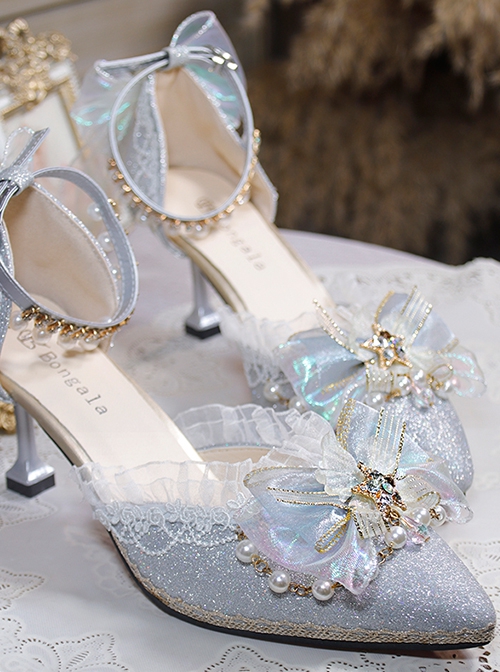 Elegant Fairy Pointed Toe Star Rhinestone Bow-Knot Bead Chain Lace Decoration Classic Lolita High Heel Shoes