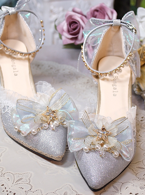 Elegant Fairy Pointed Toe Star Rhinestone Bow-Knot Bead Chain Lace Decoration Classic Lolita High Heel Shoes