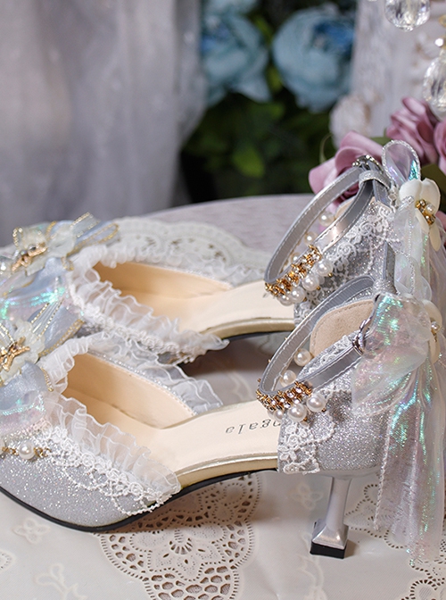 Elegant Fairy Pointed Toe Star Rhinestone Bow-Knot Bead Chain Lace Decoration Classic Lolita High Heel Shoes