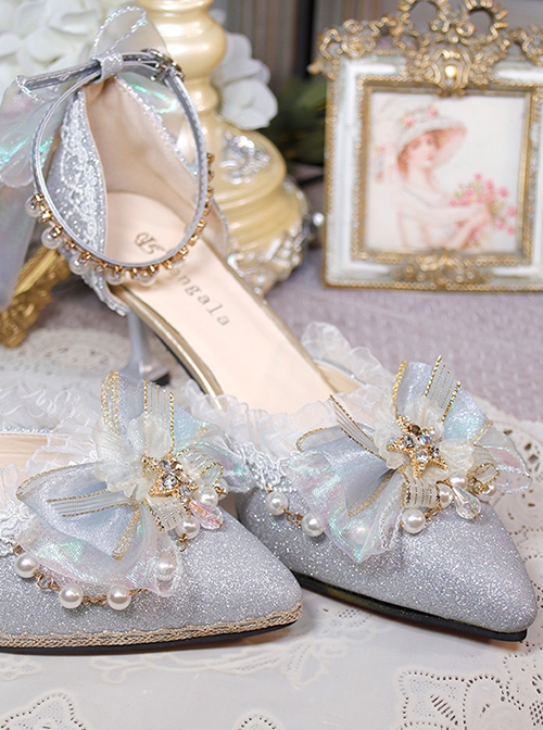 Elegant Fairy Pointed Toe Star Rhinestone Bow-Knot Bead Chain Lace Decoration Classic Lolita High Heel Shoes