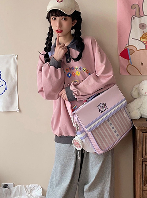 Baseball Rabbit Pain Bag Series Large Capacity Solid Color Striped School Lolita Portable Messenger Backpack