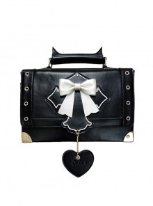 Retro Black Devil Horns Cross Bat Wings Embroidered Heart Shaped Pendant Bow Elegant Gothic Lolita Small Square Bag