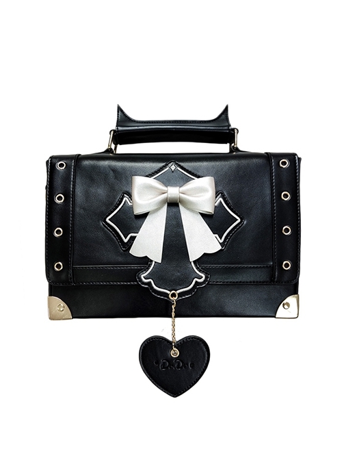 Retro Black Devil Horns Cross Bat Wings Embroidered Heart Shaped Pendant Bow Elegant Gothic Lolita Small Square Bag