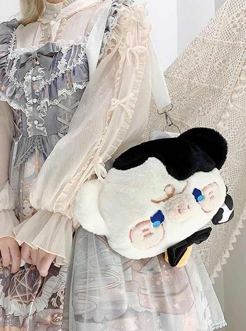 Plush Embroidery Wronged Little Cow Bowknot Bell Versatile Sweet Lolita Messenger Shoulder Bag