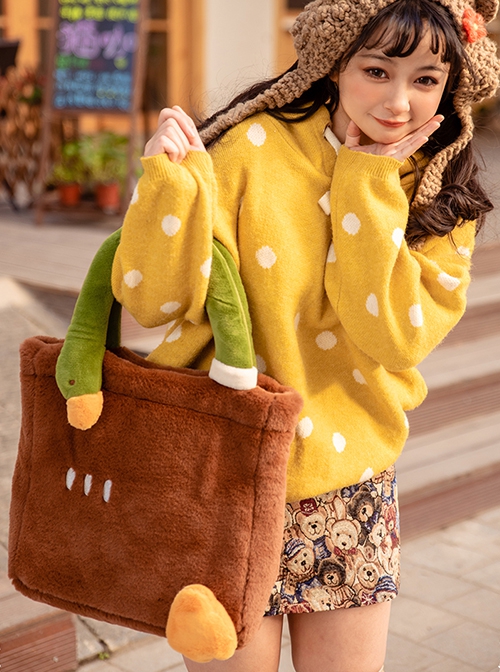 Brown Embroidered Plush Large Capacity Sweet Lolita Portable Messenger Shoulder Bag