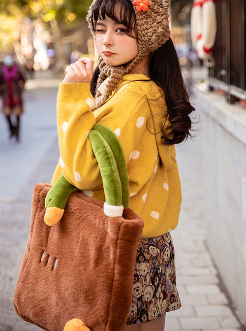 Brown Embroidered Plush Large Capacity Sweet Lolita Portable Messenger Shoulder Bag