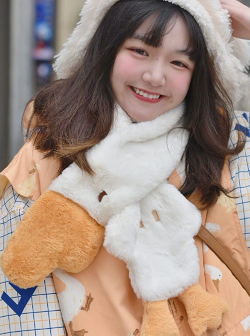 Good Big Goose Series Sweet Daily All-Match Embroidery White Goose Plush Winter Warm Sweet Lolita Scarf