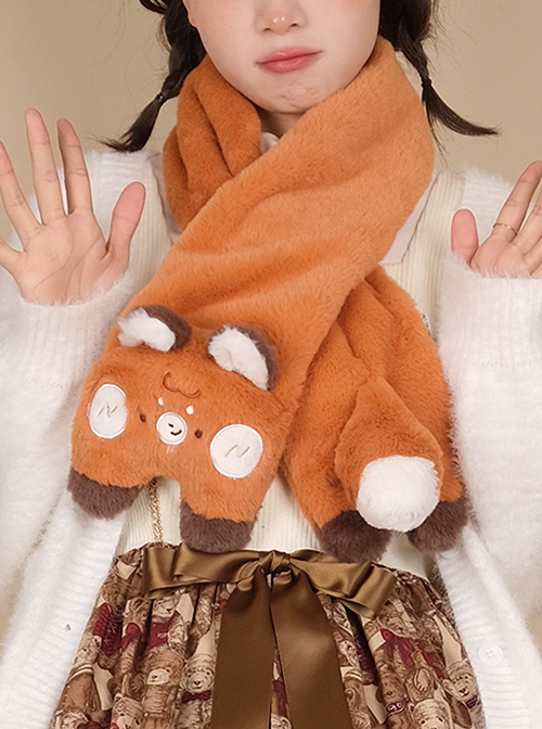 Brown Embroidered Fox Sweet Cute Daily All-Match Winter Warm Plush Sweet Lolita Scarf