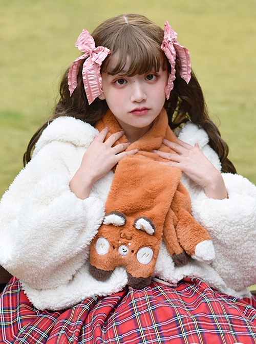 Brown Embroidered Fox Sweet Cute Daily All-Match Winter Warm Plush Sweet Lolita Scarf