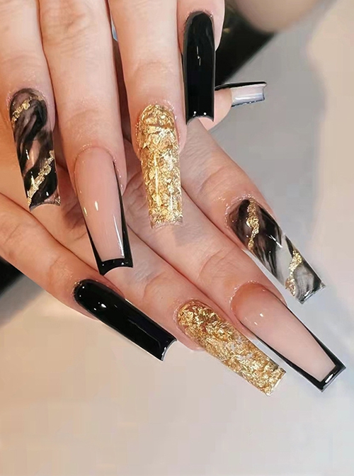 Black Gold Atmospheric French Gold Foil Black Gradient Finished Disposable Manicure Nail Pieces