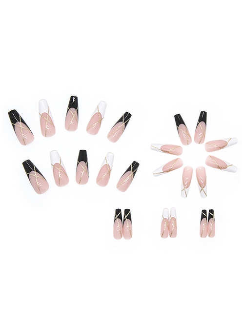 Black White Color Matching Simple Shiny Gold Powder Finished Disposable Manicure Nail Pieces