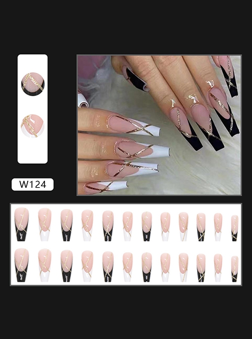 Black White Color Matching Simple Shiny Gold Powder Finished Disposable Manicure Nail Pieces