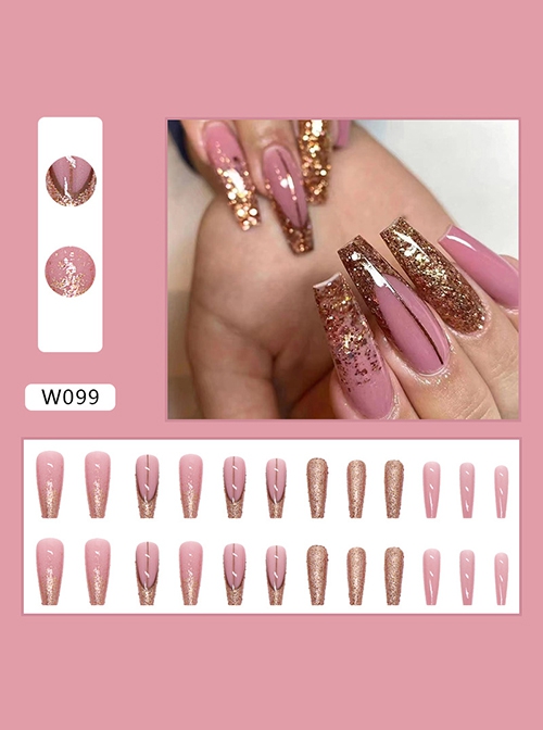 Shiny Gold Foil Pink Internet Celebrity Finished Disposable Manicure Nail Pieces