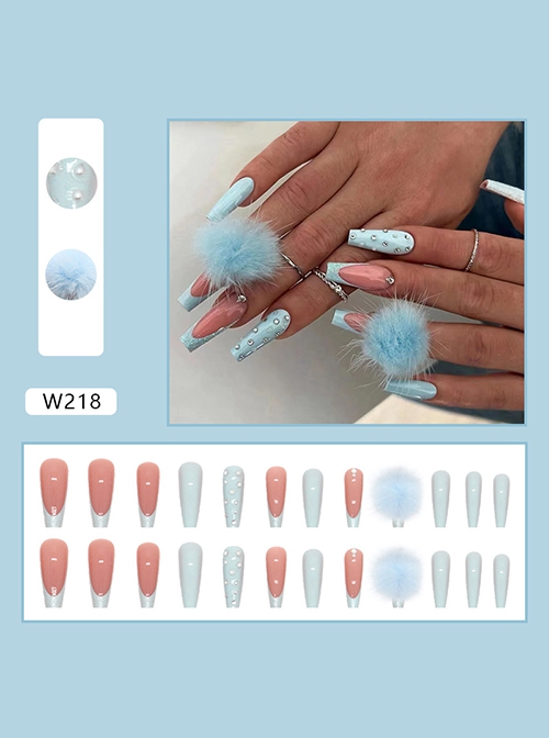 Autumn Winter Blue Fur Ball Blue Rhinestone Decoration Finished Disposable Manicure Nail Pieces