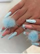 Autumn Winter Blue Fur Ball Blue Rhinestone Decoration Finished Disposable Manicure Nail Pieces