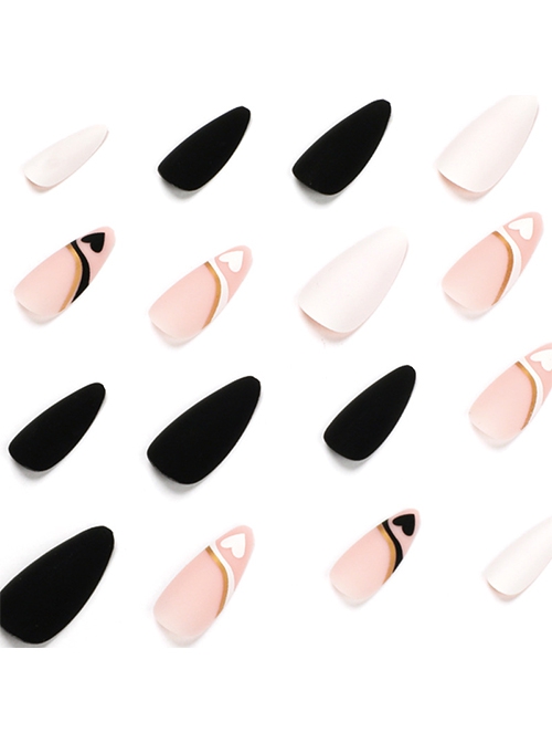Black White Heart-Shaped French Simple Gold Thread Jumping Color Matte Finished Disposable Manicure Nail Pieces