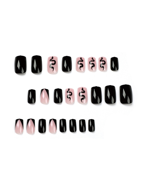 Hand-Painted Series Black Bevelled French Snake Finished Disposable Manicure Nail Pieces