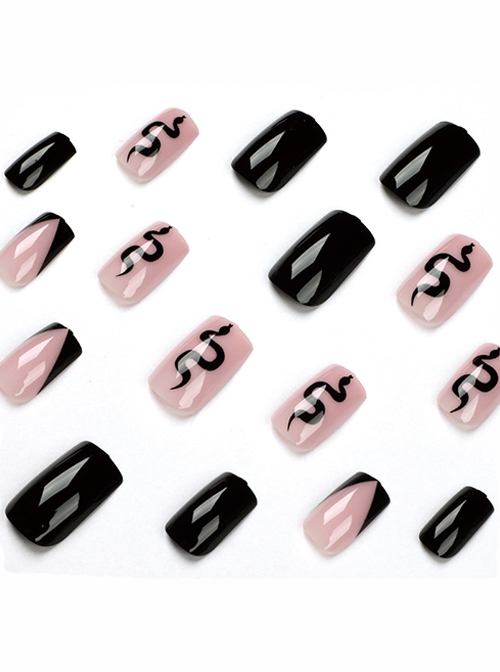 Hand-Painted Series Black Bevelled French Snake Finished Disposable Manicure Nail Pieces