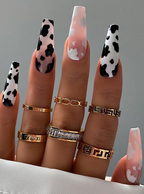 Black-White Milk Cow Pattern Color Matching Simple Detachable Finished Disposable Manicure Nail Pieces