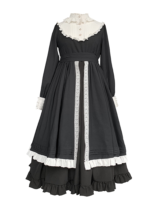 Nun Style Black-White Stand-Up Collar Lace Ruffles Large Skirt Classic Lolita Long-Sleeved Dress