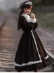 Nun Style Black-White Stand-Up Collar Lace Ruffles Large Skirt Classic Lolita Long-Sleeved Dress