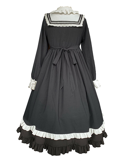 Nun Style Black-White Stand-Up Collar Lace Ruffles Large Skirt Classic Lolita Long-Sleeved Dress