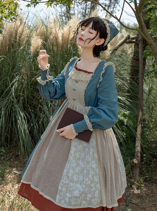Elegant Square Neck Autumn Winter Embroidered Pocket Asymmetrical Hem Design Classic Lolita Long Sleeve Dress