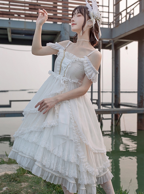 Wild Swan Series White Suspenders Autumn Winter Irregular Hem Design Classic Lolita Sleeveless Dress