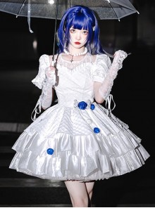 White Jacquard Lace Puff Sleeve Blue Rose Decoration Sexy Gothic Lolita Short Sleeve Dress