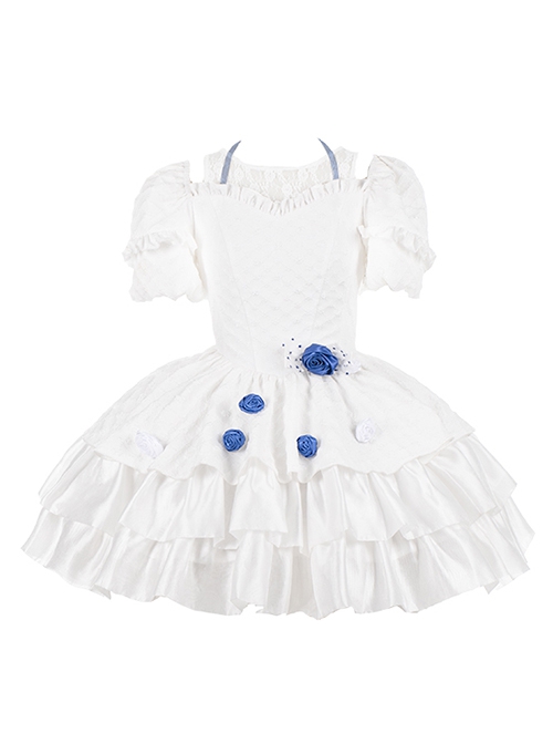 White Jacquard Lace Puff Sleeve Blue Rose Decoration Sexy Gothic Lolita Short Sleeve Dress