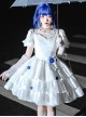 White Jacquard Lace Puff Sleeve Blue Rose Decoration Sexy Gothic Lolita Short Sleeve Dress