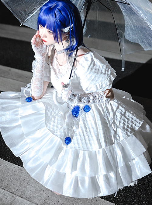 White Jacquard Lace Puff Sleeve Blue Rose Decoration Sexy Gothic Lolita Short Sleeve Dress