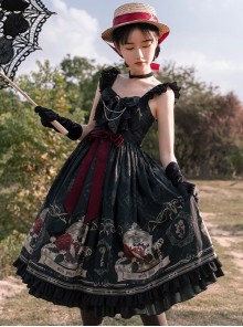 Nightingale And Rose Series Vintage Birdcage Print Bow Knot Ruffle Gothic Lolita Sleeveless Dress