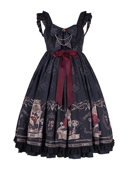 Nightingale And Rose Series Vintage Birdcage Print Bow Knot Ruffle Gothic Lolita Sleeveless Dress