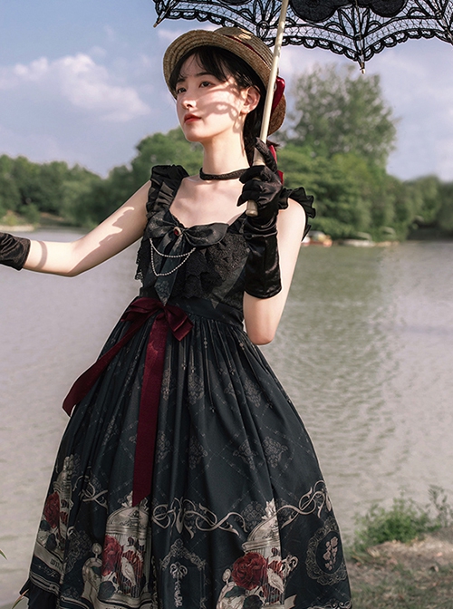 Nightingale And Rose Series Vintage Birdcage Print Bow Knot Ruffle Gothic Lolita Sleeveless Dress