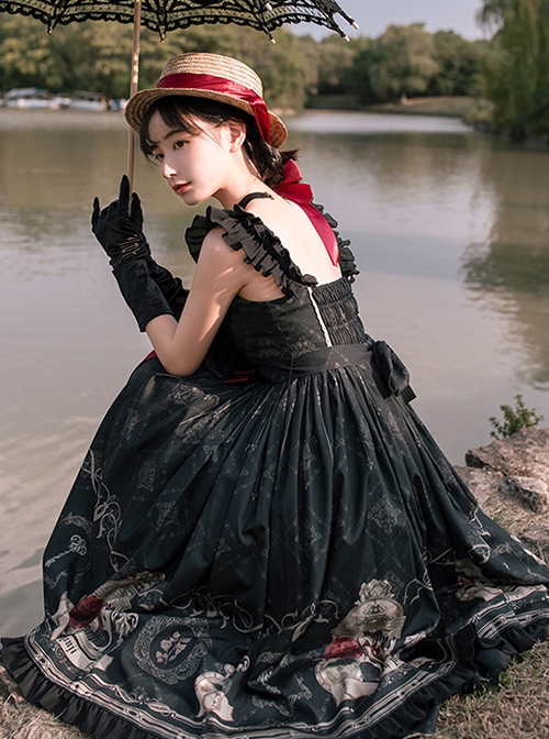 Nightingale And Rose Series Vintage Birdcage Print Bow Knot Ruffle Gothic Lolita Sleeveless Dress