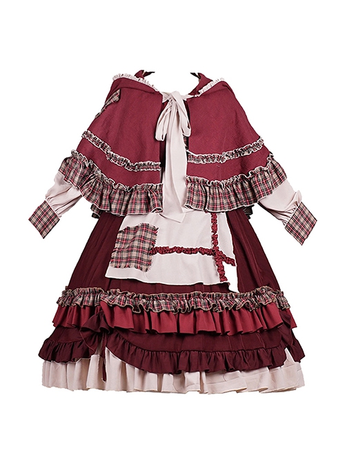 Little Red Riding Hood Series Pastoral Style Ruffled Collar Lantern Sleeve Plaid Print Hooded Cloak Classic Lolita Long-Sleeved Dress Set