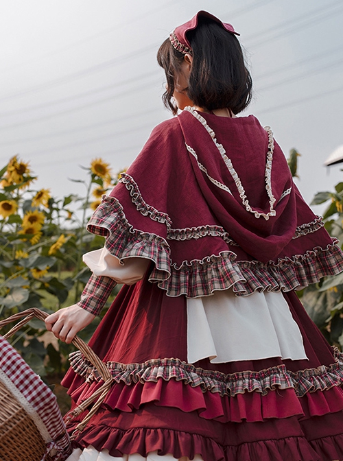 Little Red Riding Hood Series Pastoral Style Ruffled Collar Lantern Sleeve Plaid Print Hooded Cloak Classic Lolita Long-Sleeved Dress Set