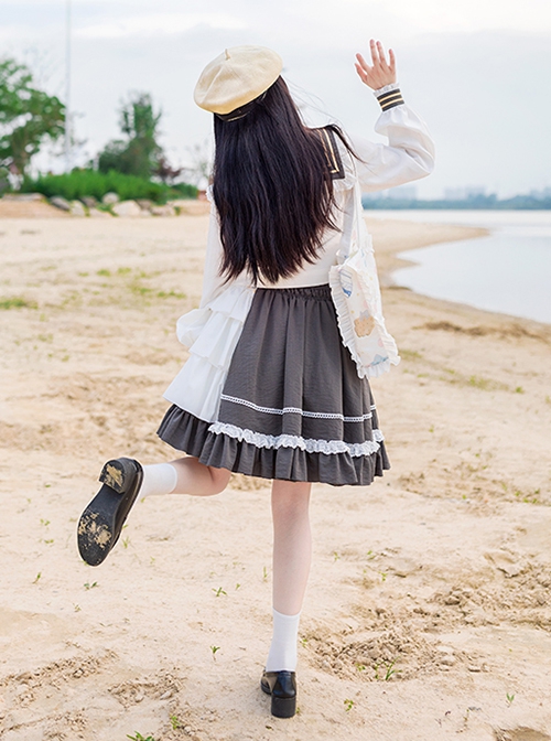 Chasing Shore Series College Style Lace Naval Collar Autumn Long-Sleeved Blouses School Lolita Skirt Suit