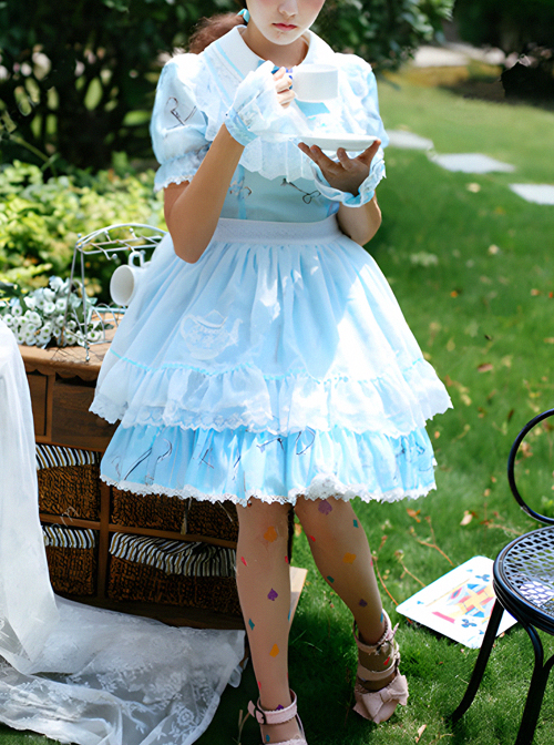 Sweet Chiffon Lace Print Bow-Knot Sweet Lolita Short Sleeve Dress