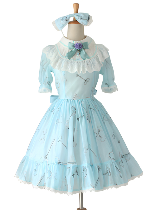 Sweet Chiffon Lace Print Bow-Knot Sweet Lolita Short Sleeve Dress