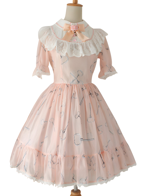 Sweet Chiffon Lace Print Bow-Knot Sweet Lolita Short Sleeve Dress