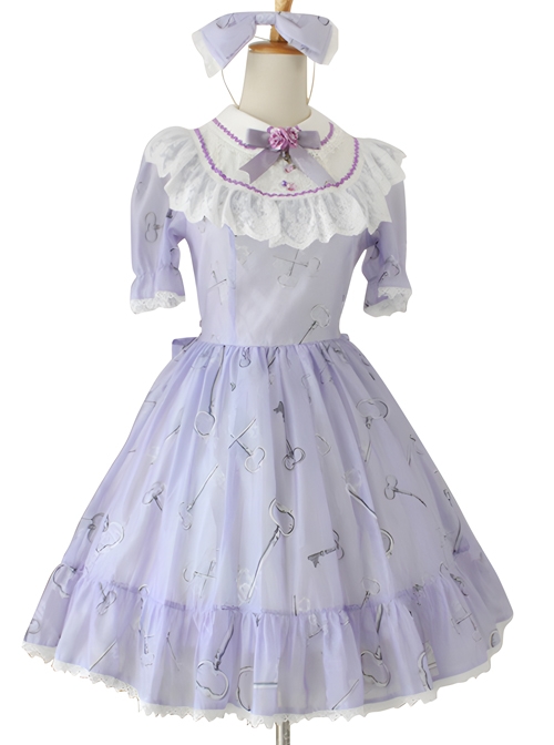 Sweet Chiffon Lace Print Bow-Knot Sweet Lolita Short Sleeve Dress