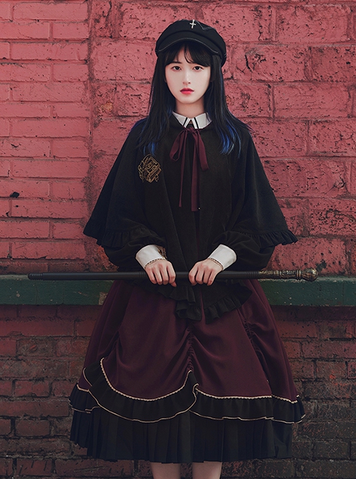 Fake Two Piece Design Stand Collar Pleated Drawstring Hem Dress Velvet Hooded Cloak School Lolita Long Sleeve Dress Set