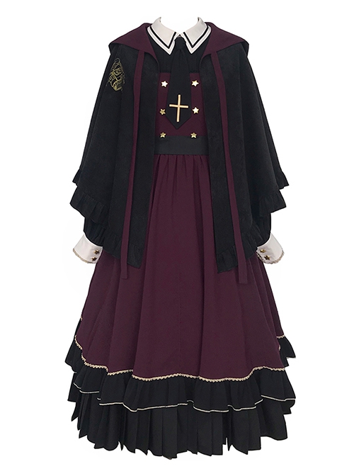 Fake Two Piece Design Stand Collar Pleated Drawstring Hem Dress Velvet Hooded Cloak School Lolita Long Sleeve Dress Set