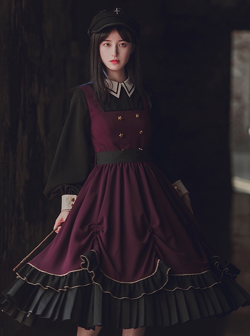 Fake Two Piece Design Stand Collar Pleated Drawstring Hem Dress Velvet Hooded Cloak School Lolita Long Sleeve Dress Set