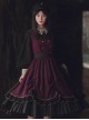 Fake Two Piece Design Stand Collar Pleated Drawstring Hem Dress Velvet Hooded Cloak School Lolita Long Sleeve Dress Set