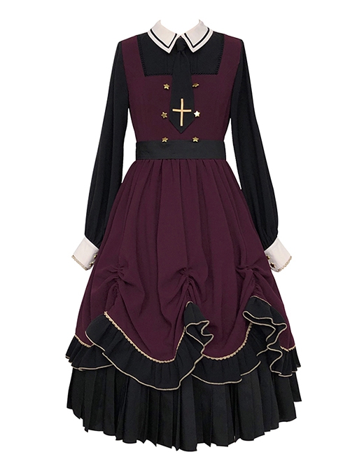 Fake Two Piece Design Stand Collar Pleated Drawstring Hem Dress Velvet Hooded Cloak School Lolita Long Sleeve Dress Set