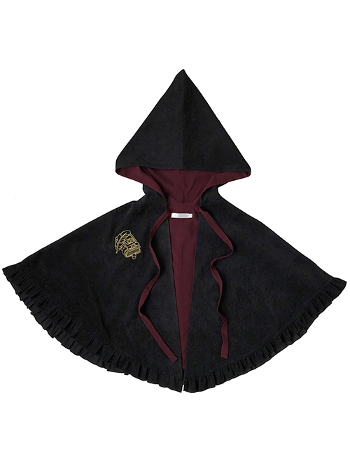 Fake Two Piece Design Stand Collar Pleated Drawstring Hem Dress Velvet Hooded Cloak School Lolita Long Sleeve Dress Set