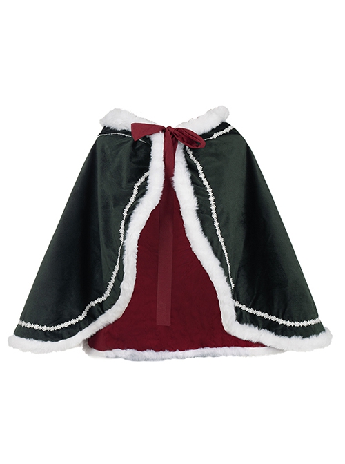 Stand Collar False Two Piece Design Lantern Sleeve Embroidered Lace Hem Dress Plush Hooded Cloak Christmas Classic Lolita Long Sleeve Dress Set